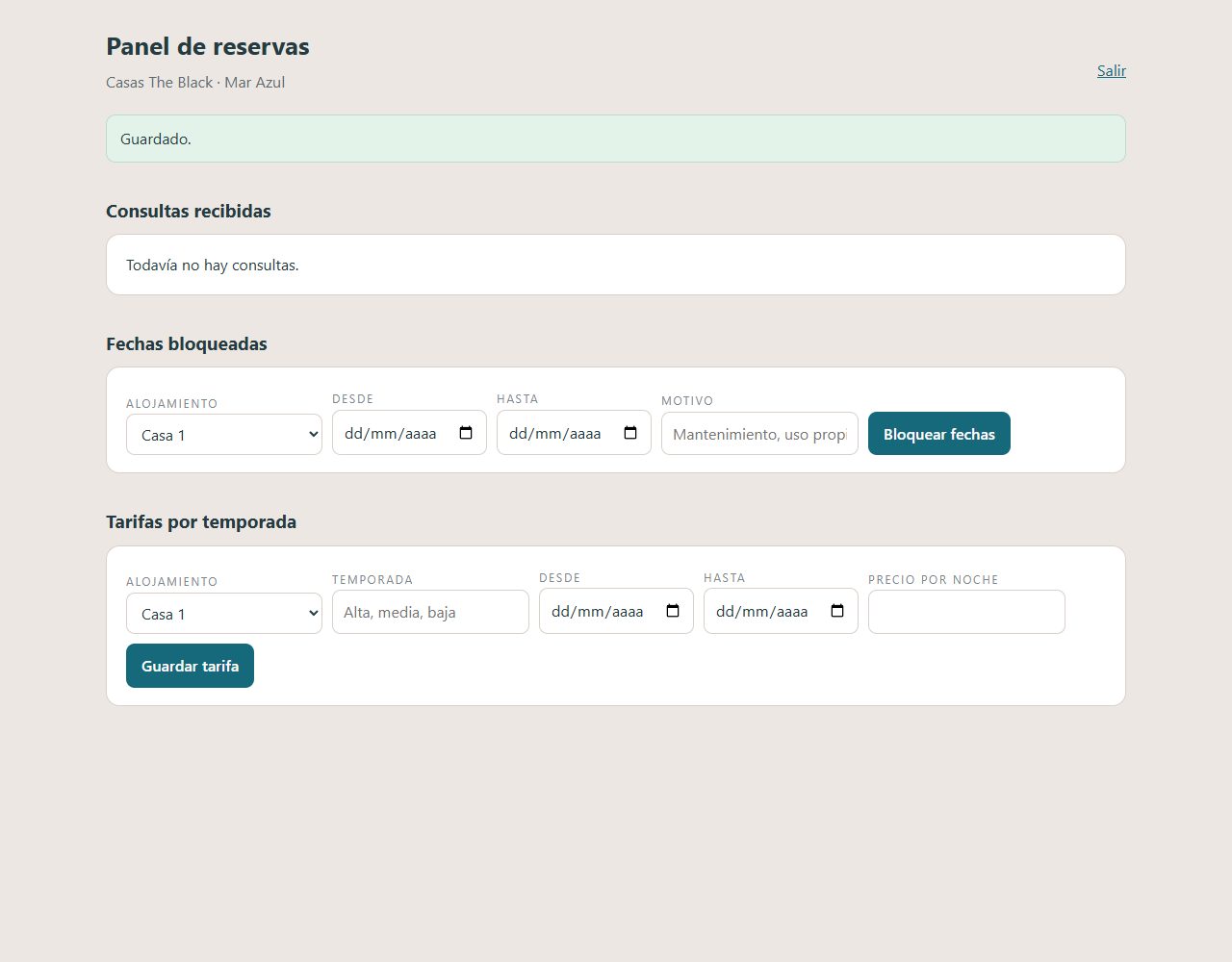 Panel de administración de reservas